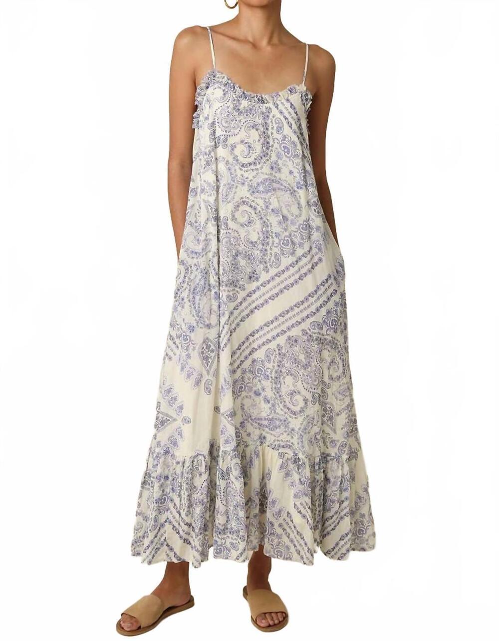 NEW OLIVACEOUS magie ruffle trim print sleeveless maxi dress in white blue